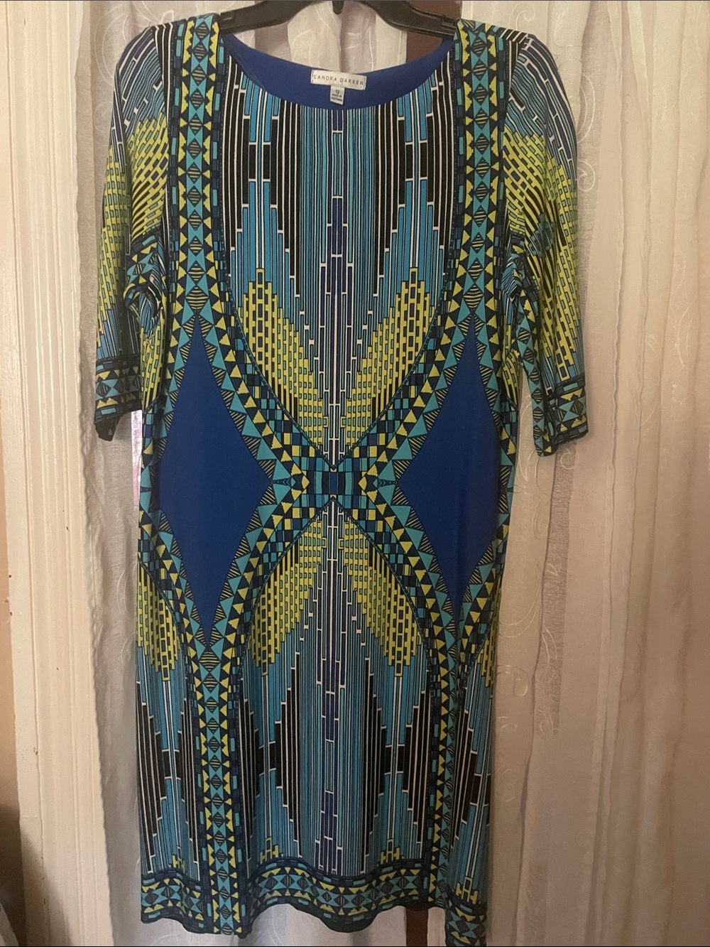 Sandra Darren Blue and Lime Geometric Midi Dress